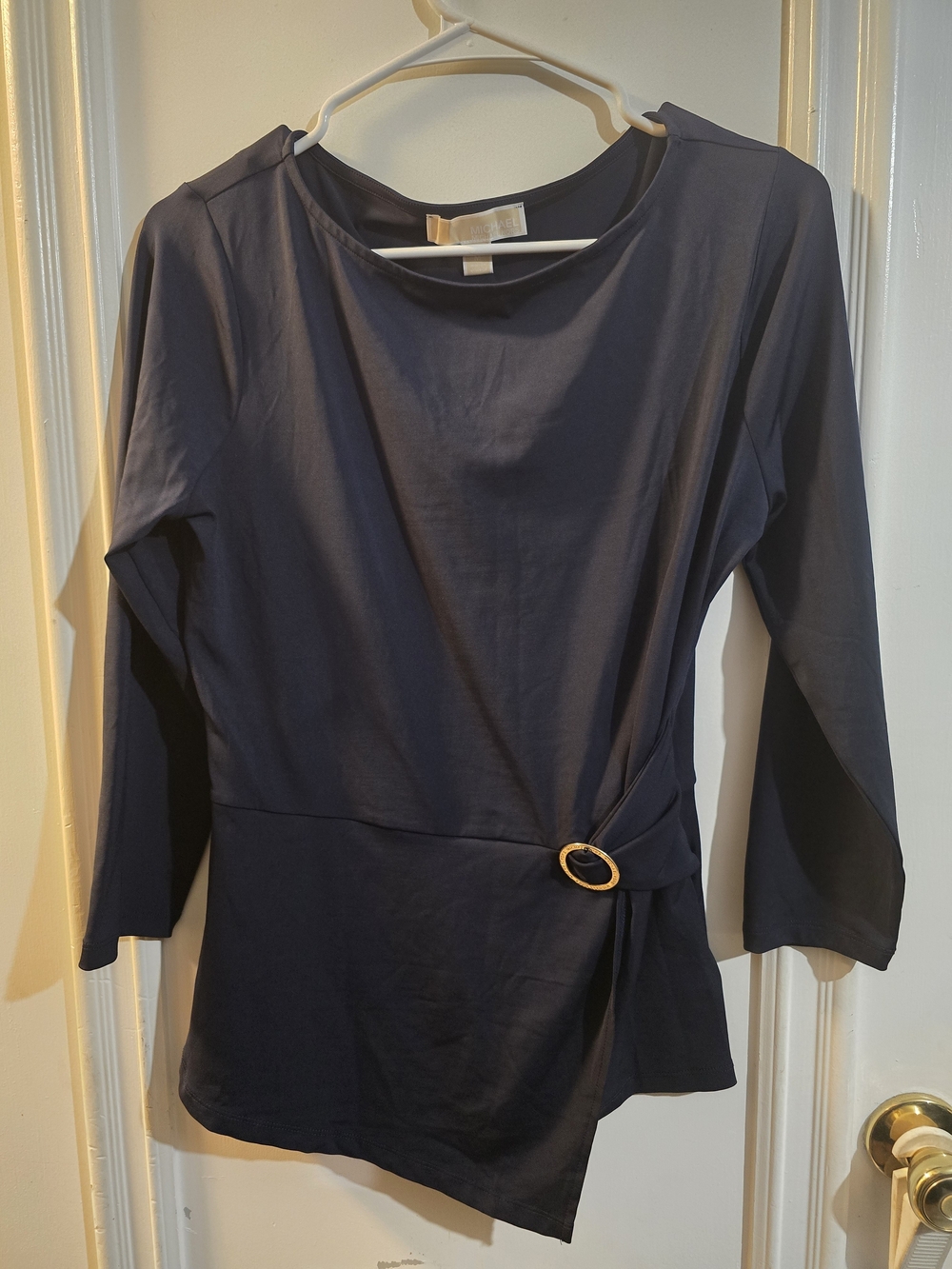 Michael Kors Navy Long-Sleeve Wrap-Detail Top with Gold Ring